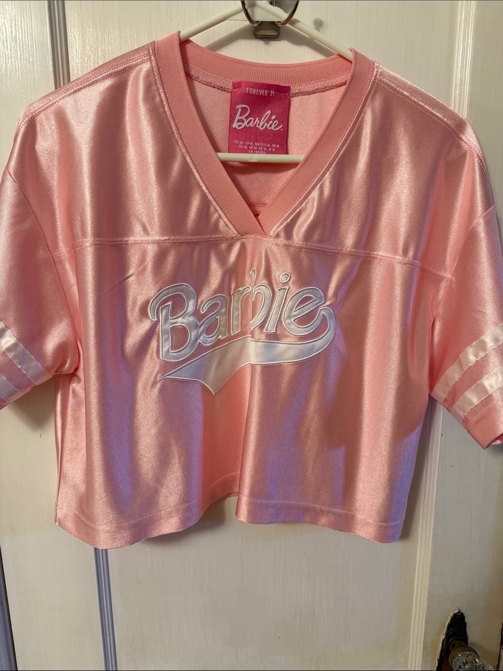 Barbie Light Pink Shiny Cropped Jersey Top